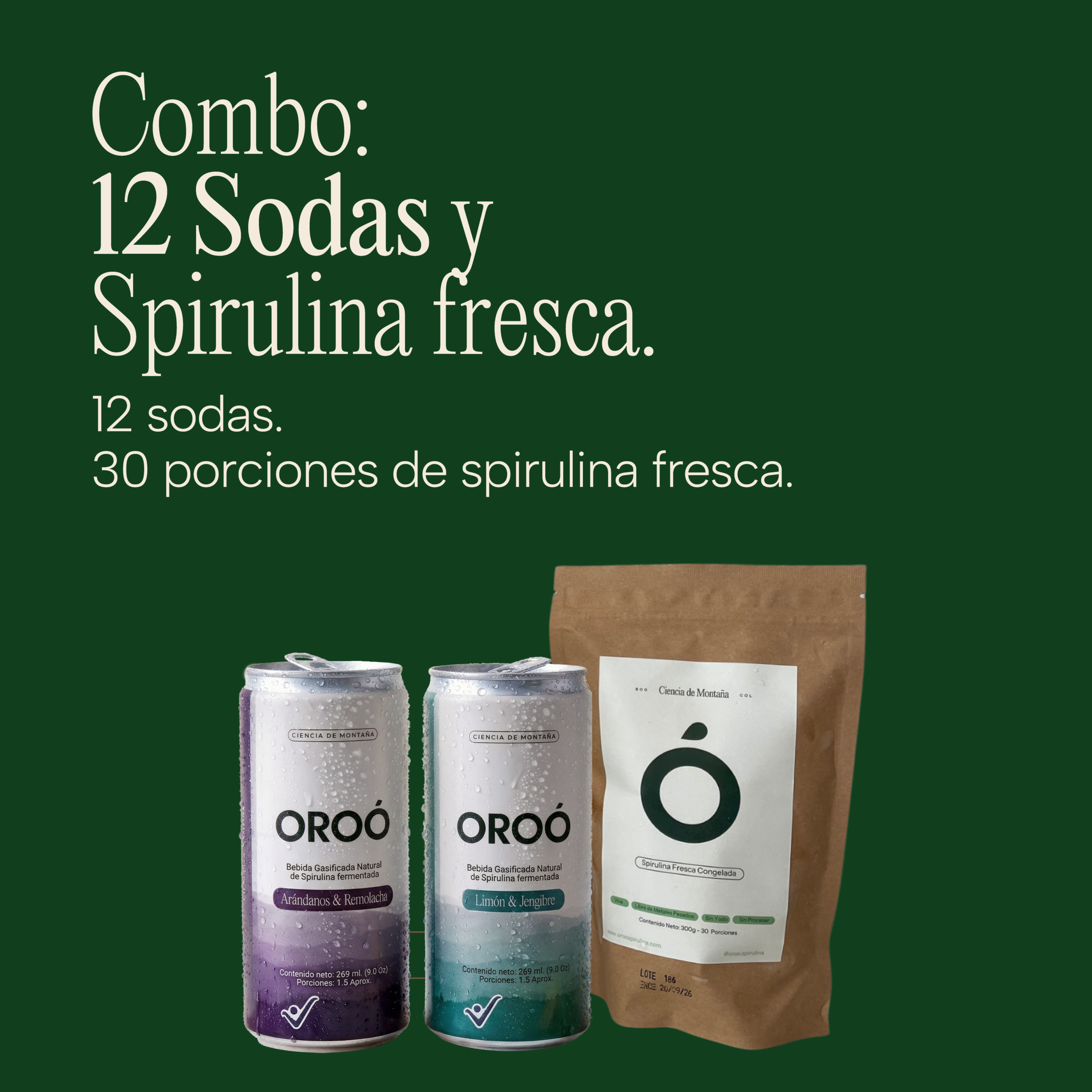 Combo 12 SODAS + Paquete de spirulina Oroó fresca 30 unidades.